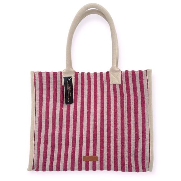 Christian Siriano Women’s Pink Creme Stripe Double Handle Large Terry Cloth Tote - Picture 10 of 10